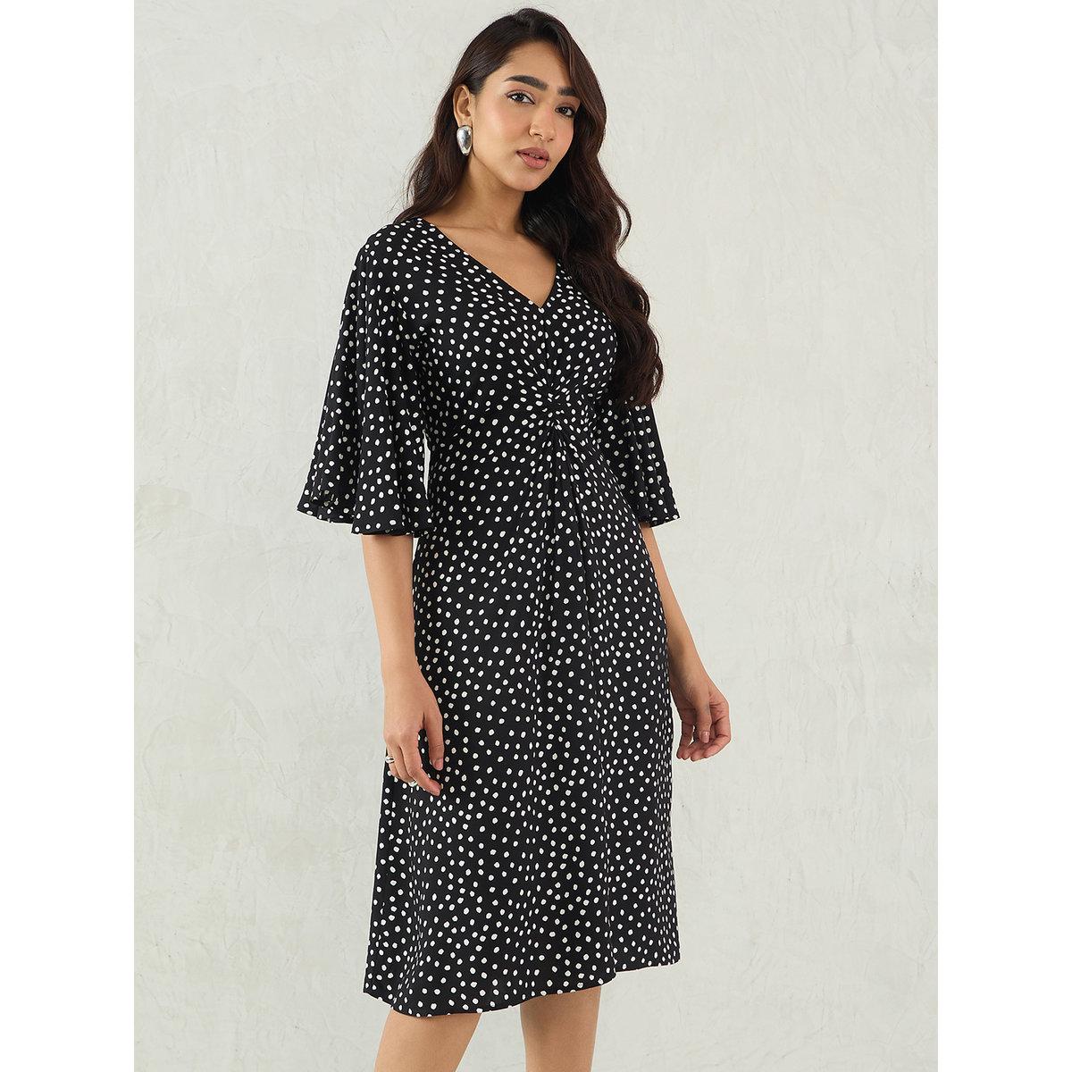 Femmella Black Polka Dot Print Flared Sleeves A-Line Midi Dress with Knotted Front-women-clothing-dresses-image-3