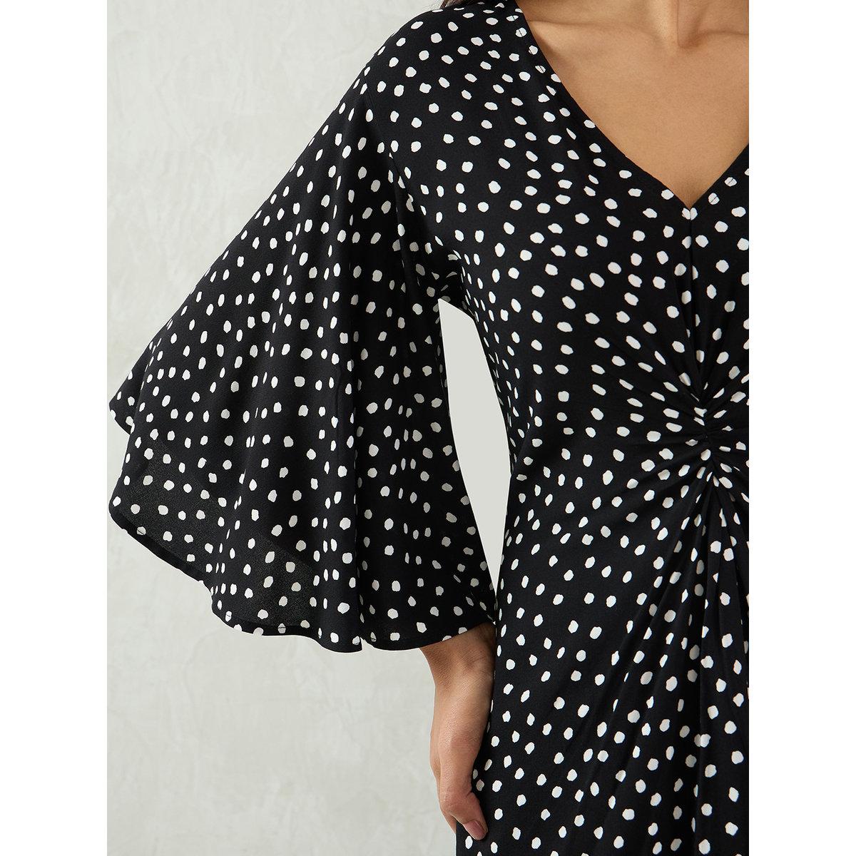 Femmella Black Polka Dot Print Flared Sleeves A-Line Midi Dress with Knotted Front-women-clothing-dresses-image-4