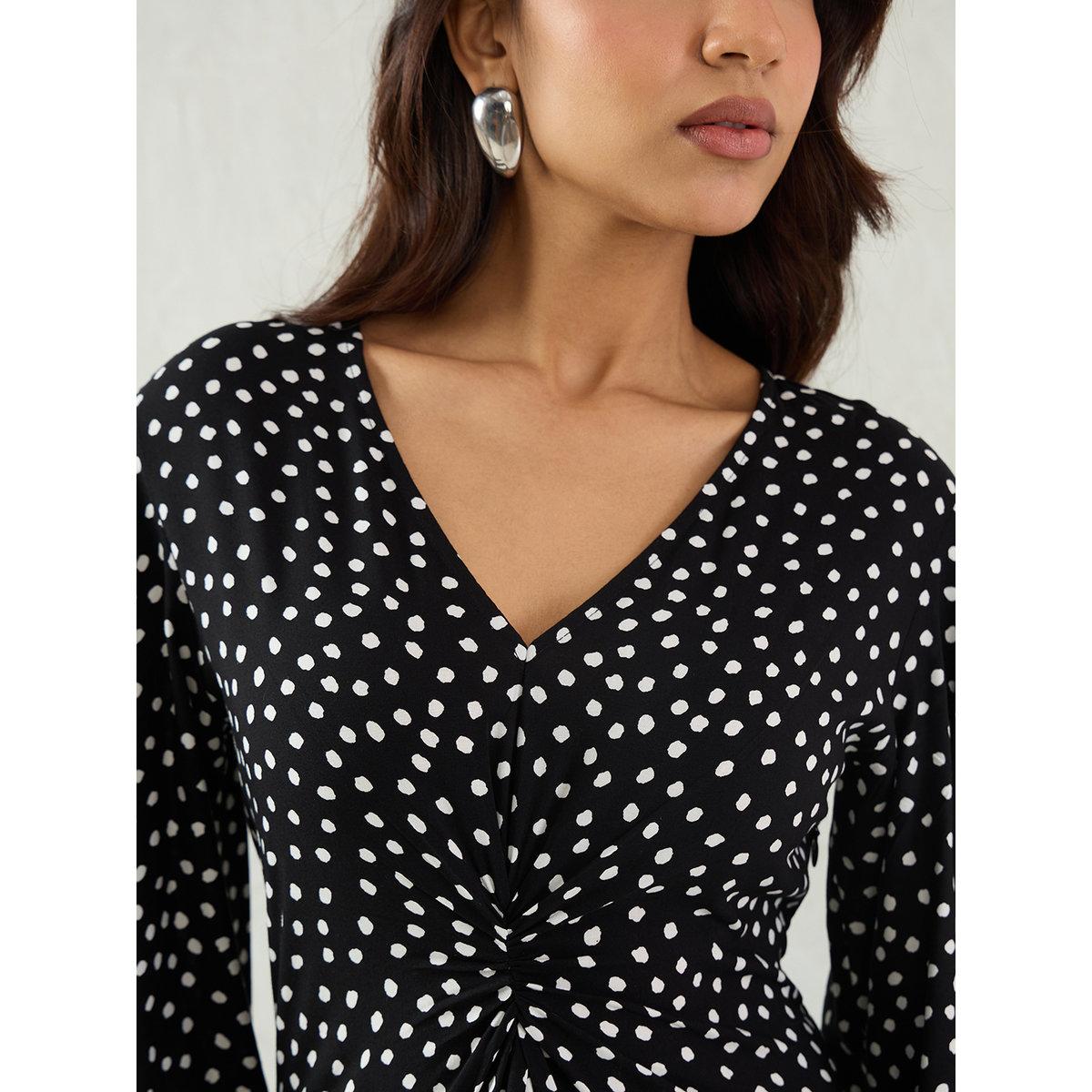 Femmella Black Polka Dot Print Flared Sleeves A-Line Midi Dress with Knotted Front-women-clothing-dresses-image-5