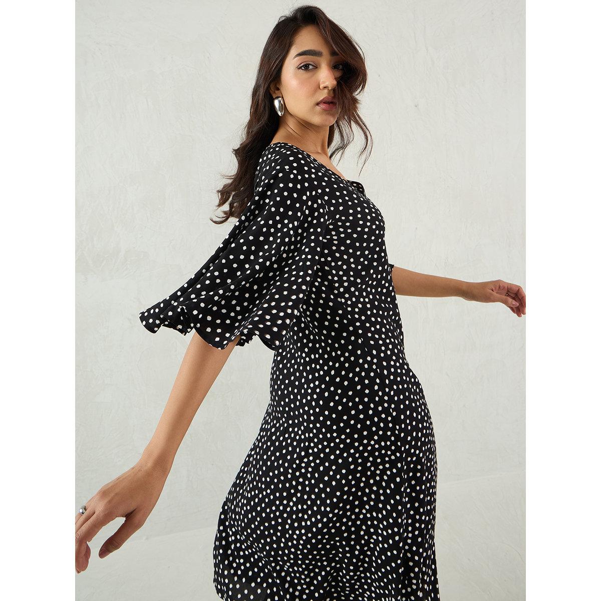 Femmella Black Polka Dot Print Flared Sleeves A-Line Midi Dress with Knotted Front-women-clothing-dresses-image-6