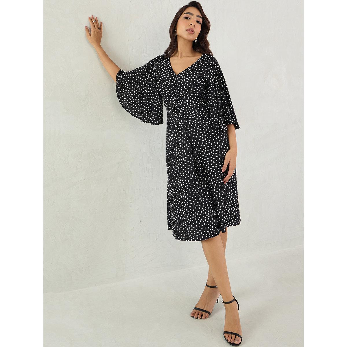 Femmella Black Polka Dot Print Flared Sleeves A-Line Midi Dress with Knotted Front-women-clothing-dresses-image-7