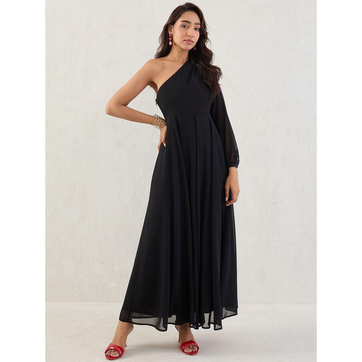 Femmella Black Solid One Shoulder Neck A-Line Maxi Dress-women-clothing-dresses-image-1
