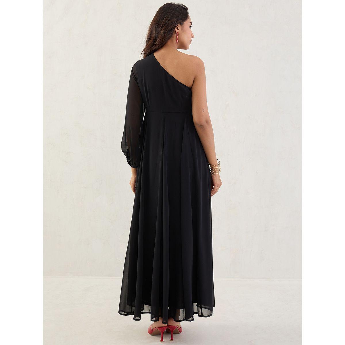 Femmella Black Solid One Shoulder Neck A-Line Maxi Dress-women-clothing-dresses-image-2