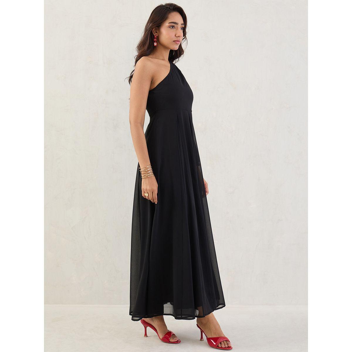Femmella Black Solid One Shoulder Neck A-Line Maxi Dress-women-clothing-dresses-image-3