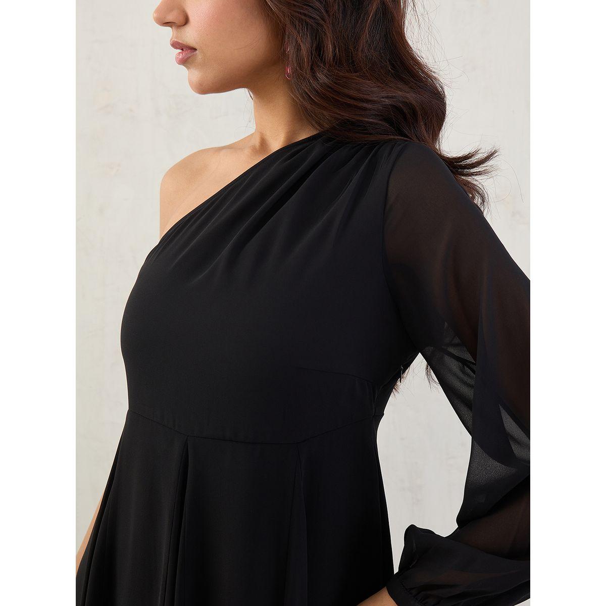 Femmella Black Solid One Shoulder Neck A-Line Maxi Dress-women-clothing-dresses-image-4
