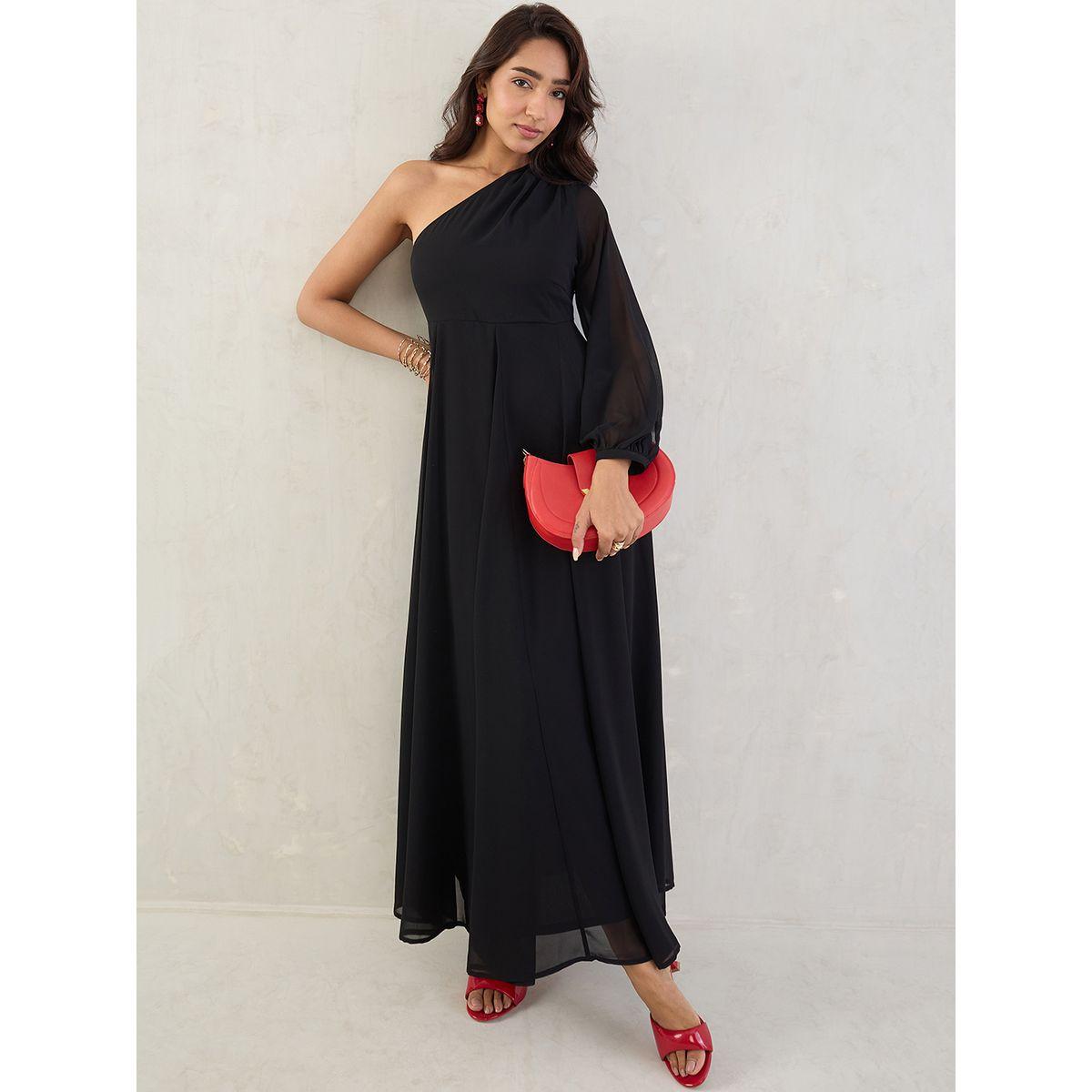 Femmella Black Solid One Shoulder Neck A-Line Maxi Dress-women-clothing-dresses-image-5