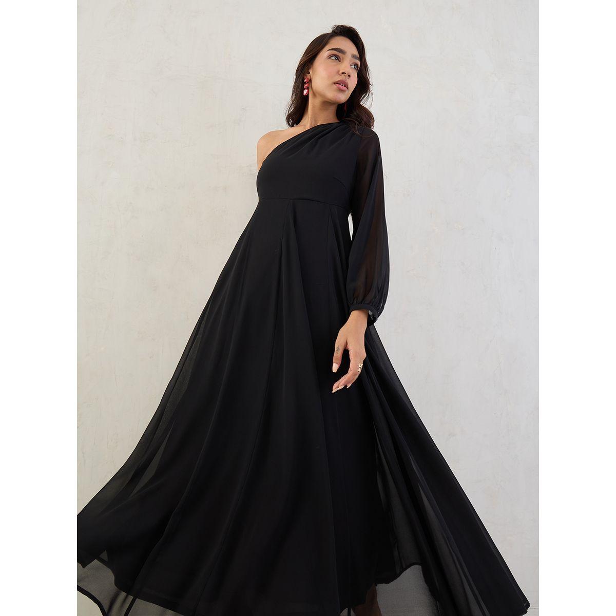 Femmella Black Solid One Shoulder Neck A-Line Maxi Dress-women-clothing-dresses-image-6