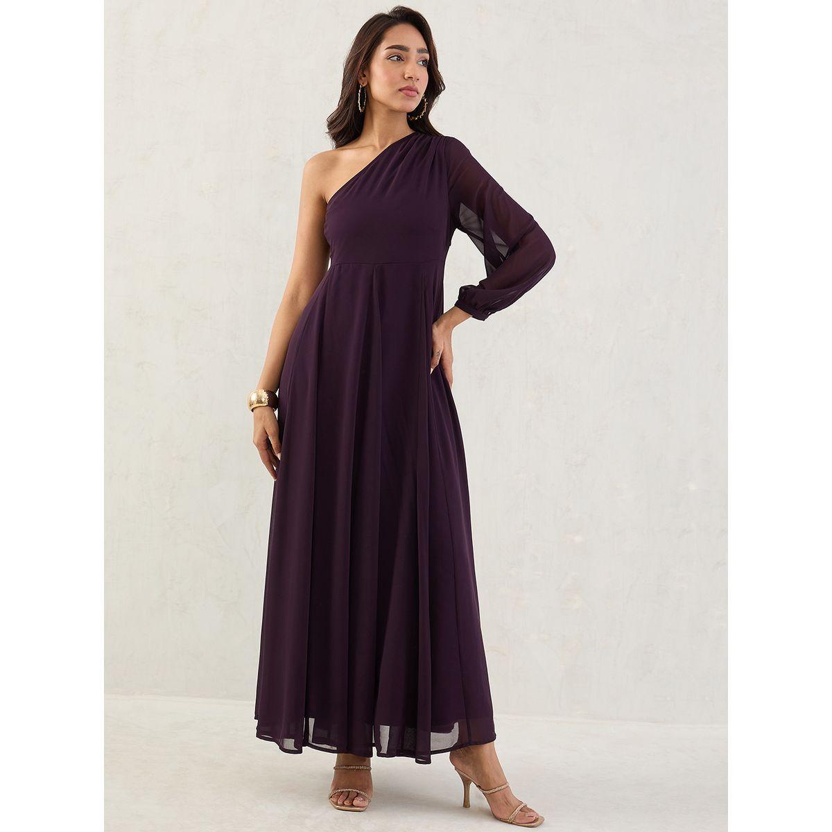 فستان طويل سادة بتفاصيل كتف واحد-women-clothing-dresses-image-1