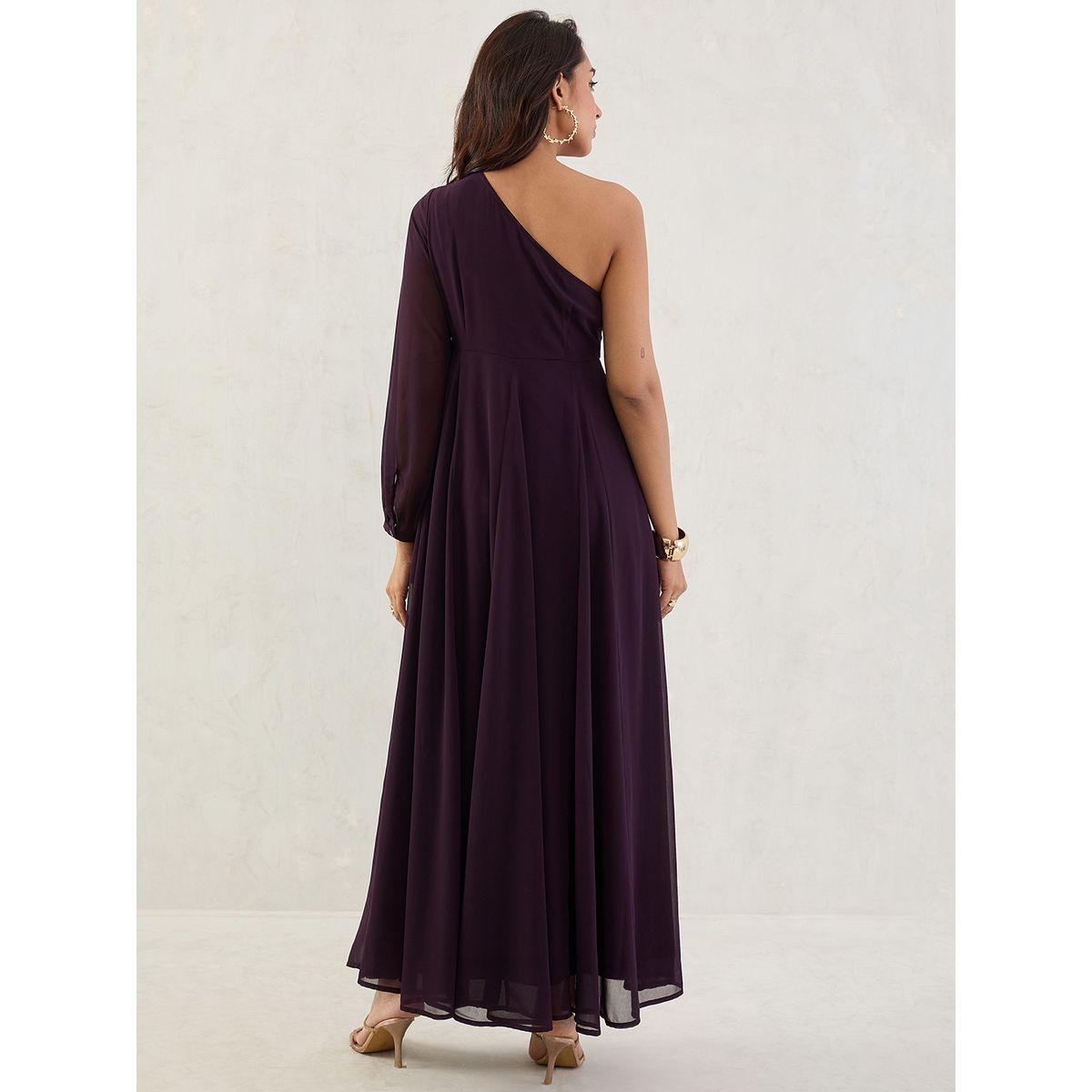 فستان طويل سادة بتفاصيل كتف واحد-women-clothing-dresses-image-2