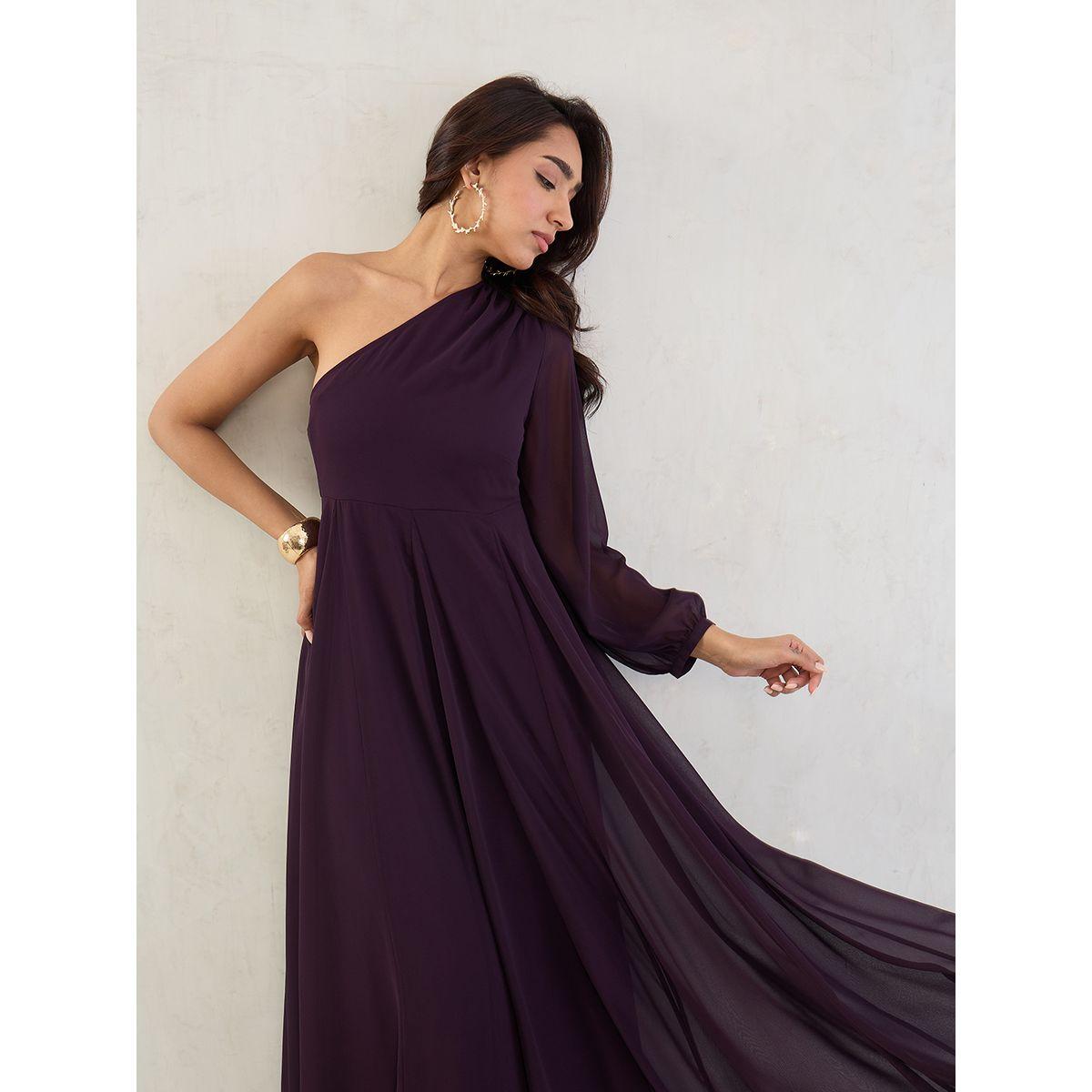 Femmella Purple Solid One Shoulder Neck A-Line Maxi Dress-women-clothing-dresses-image-5