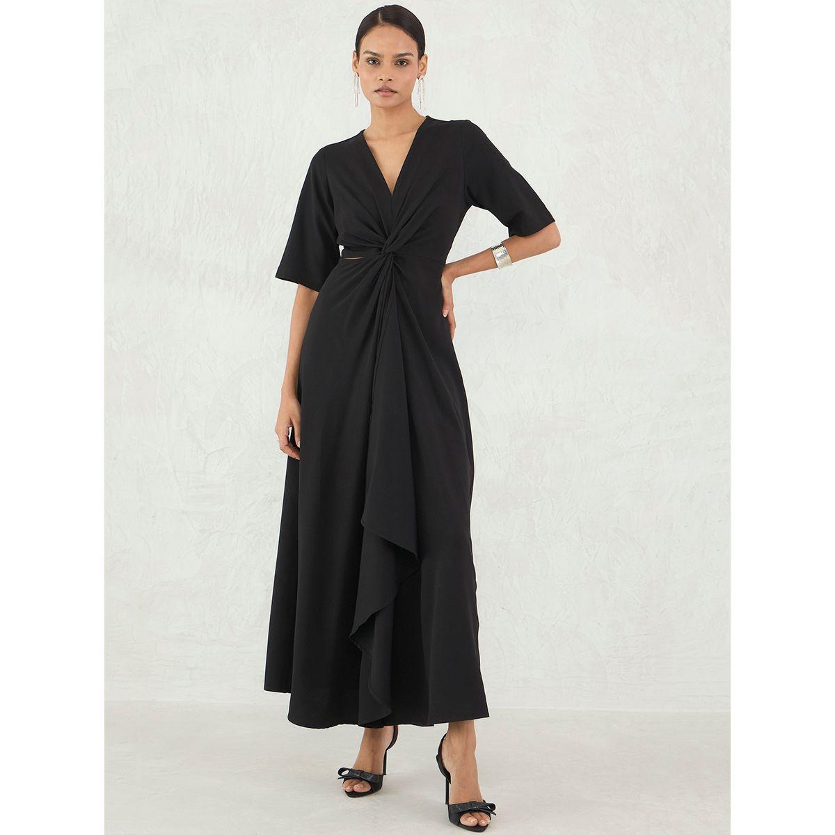 فستان طويل سادة بتفاصيل عُقدة-women-clothing-dresses-image-1