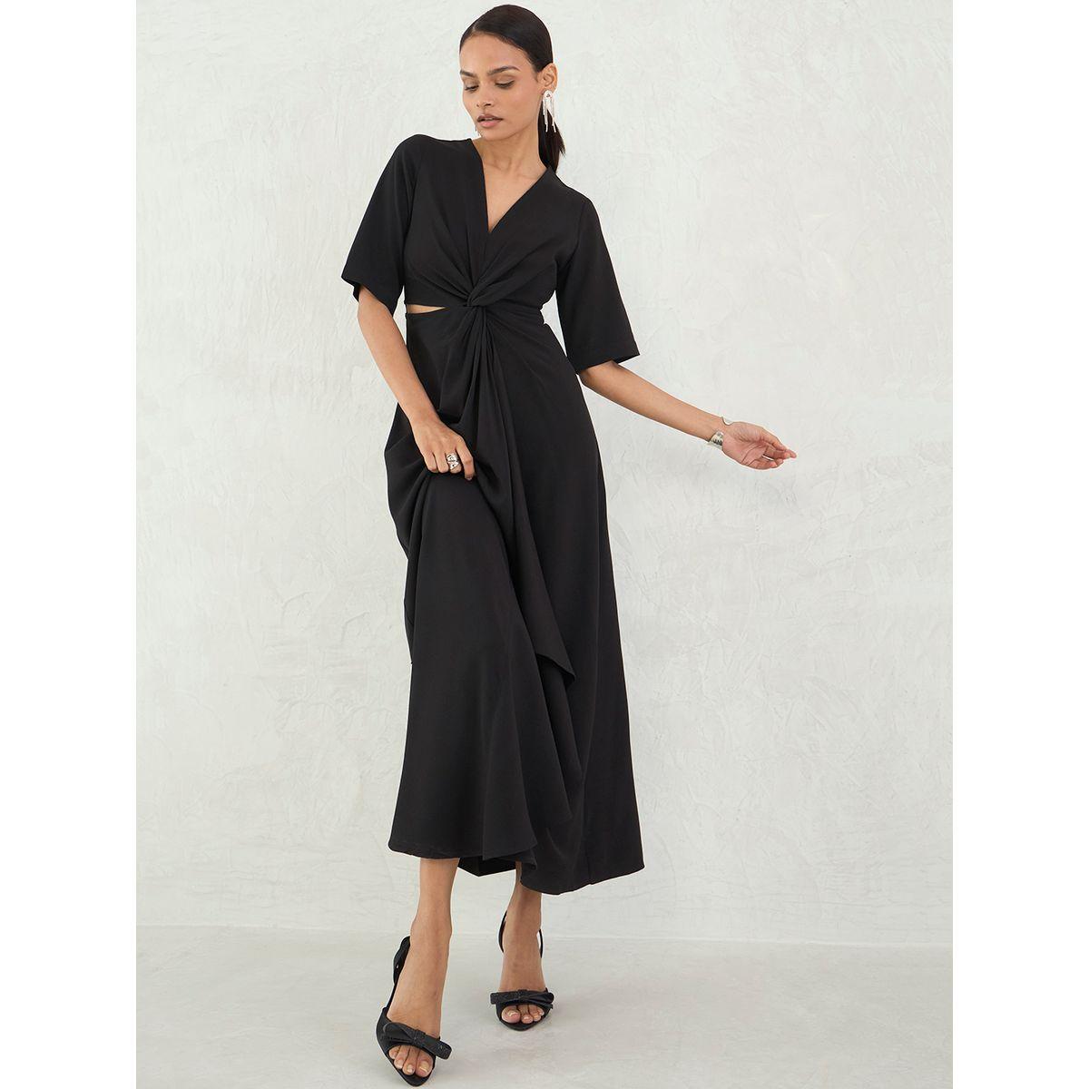 فستان طويل سادة بتفاصيل عُقدة-women-clothing-dresses-image-5