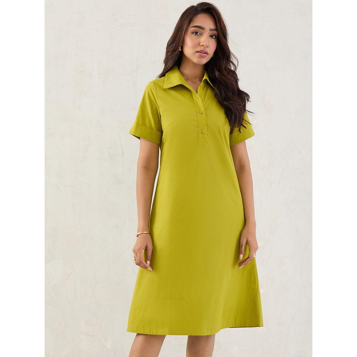 Femmella Green Solid Poplin Collared A-Line Midi Dress-women-clothing-dresses-image-1