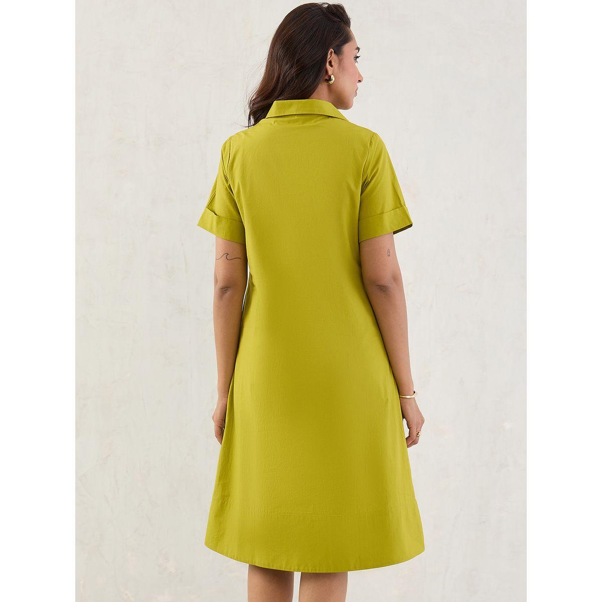 Femmella Green Solid Poplin Collared A-Line Midi Dress-women-clothing-dresses-image-2