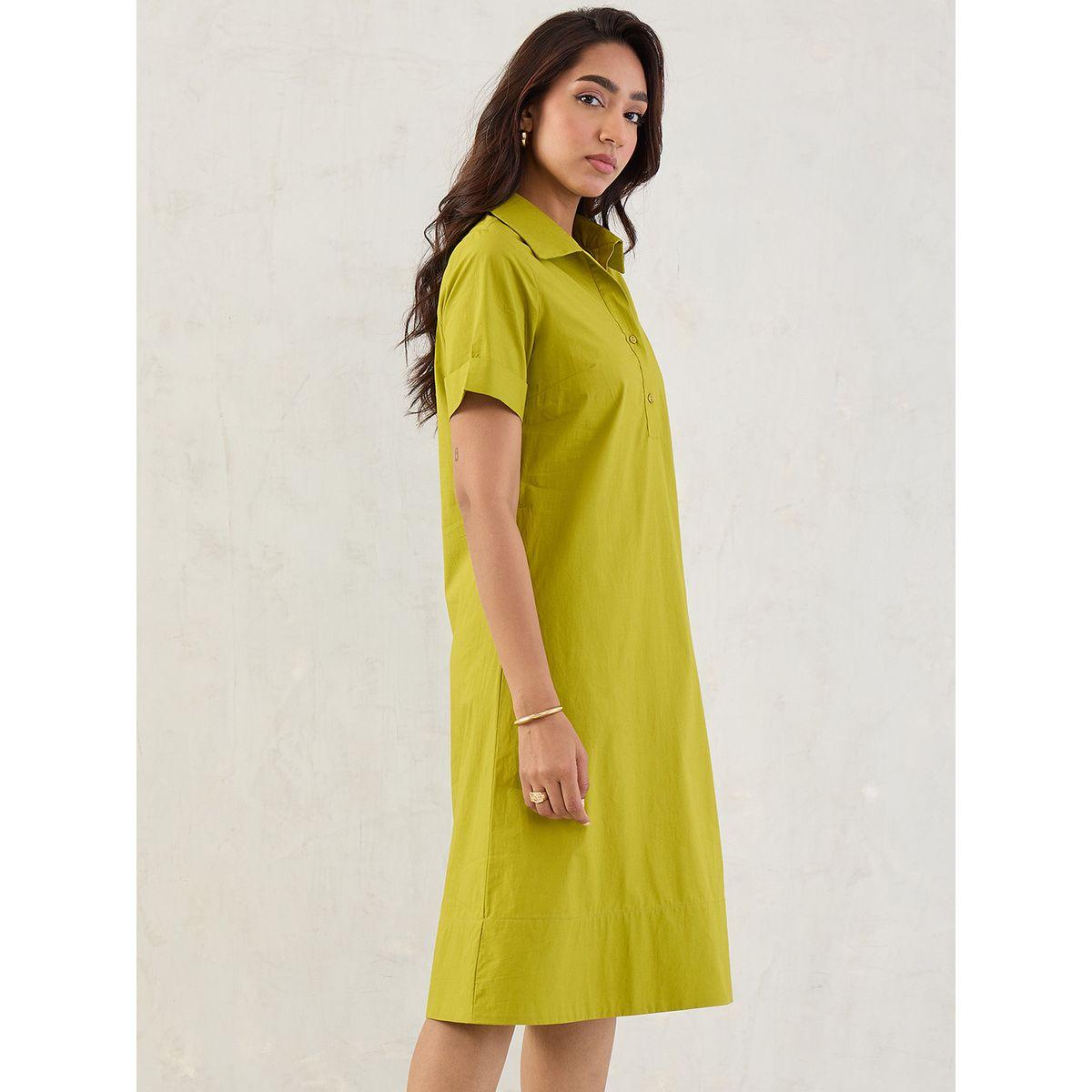 Femmella Green Solid Poplin Collared A-Line Midi Dress-women-clothing-dresses-image-3