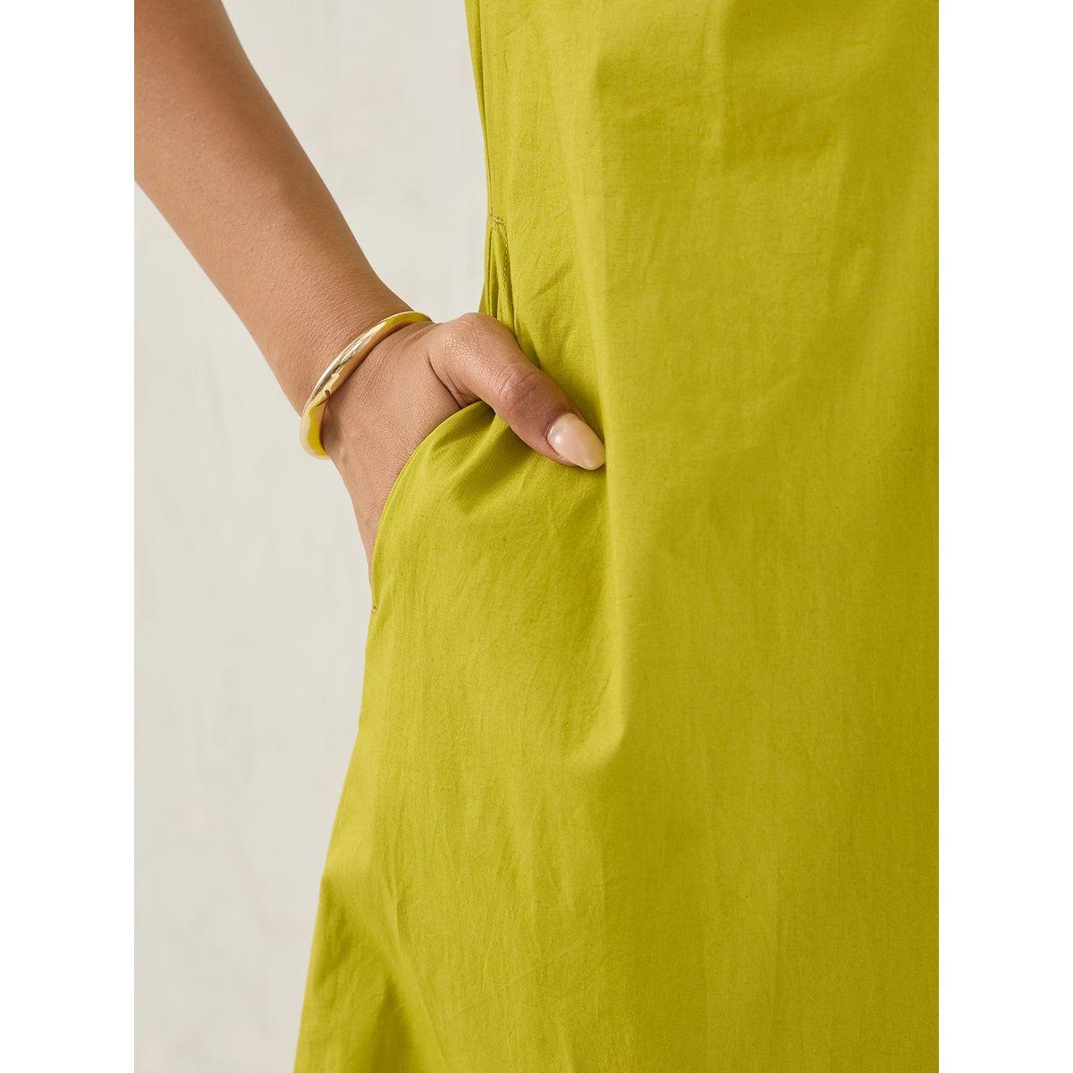 Femmella Green Solid Poplin Collared A-Line Midi Dress-women-clothing-dresses-image-4