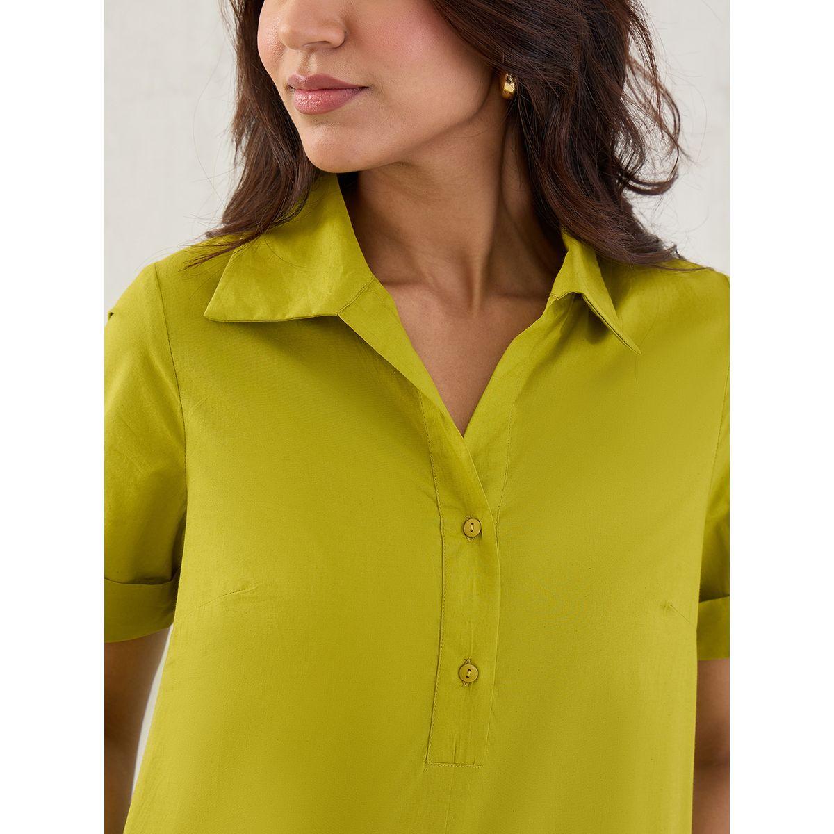 Femmella Green Solid Poplin Collared A-Line Midi Dress-women-clothing-dresses-image-5