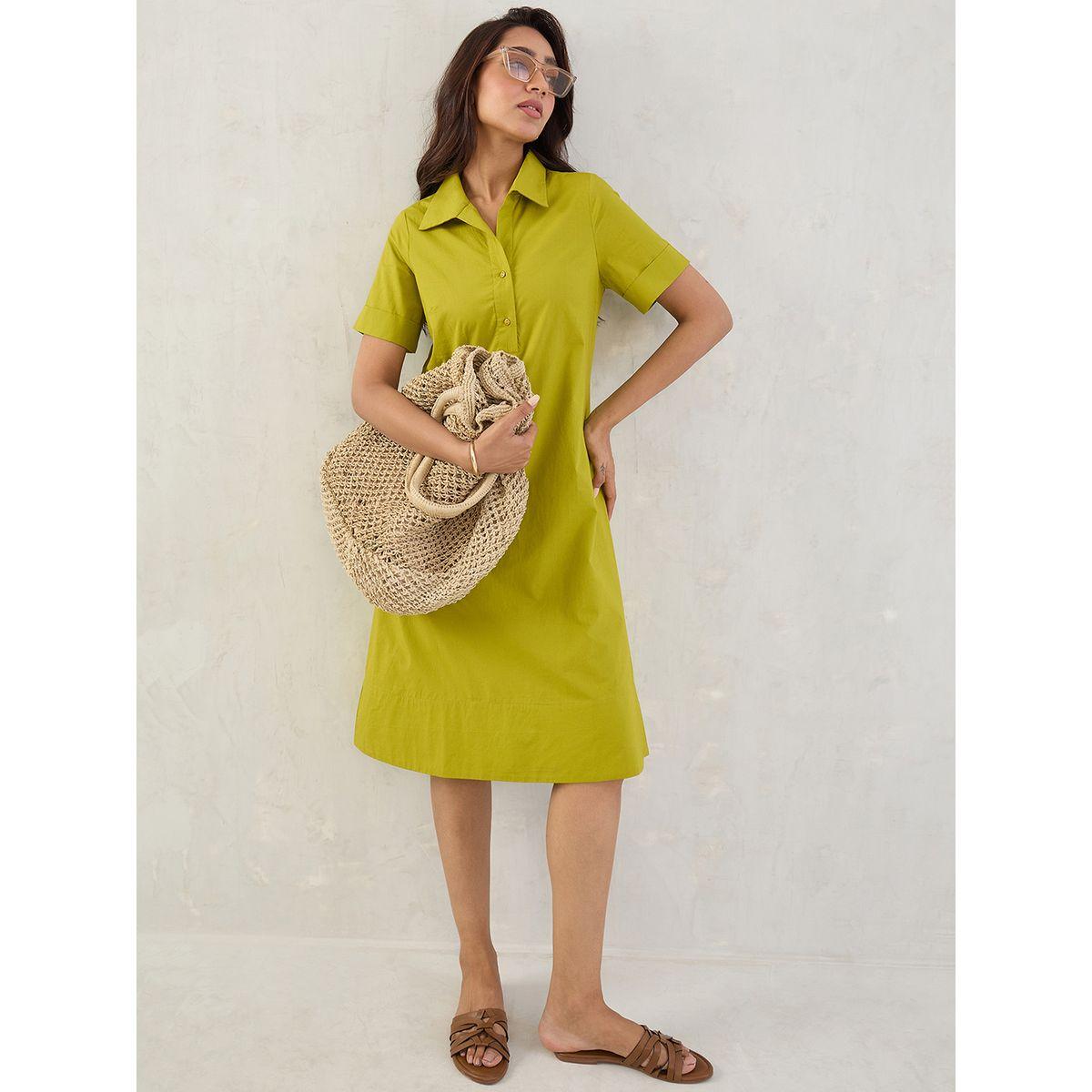 Femmella Green Solid Poplin Collared A-Line Midi Dress-women-clothing-dresses-image-6