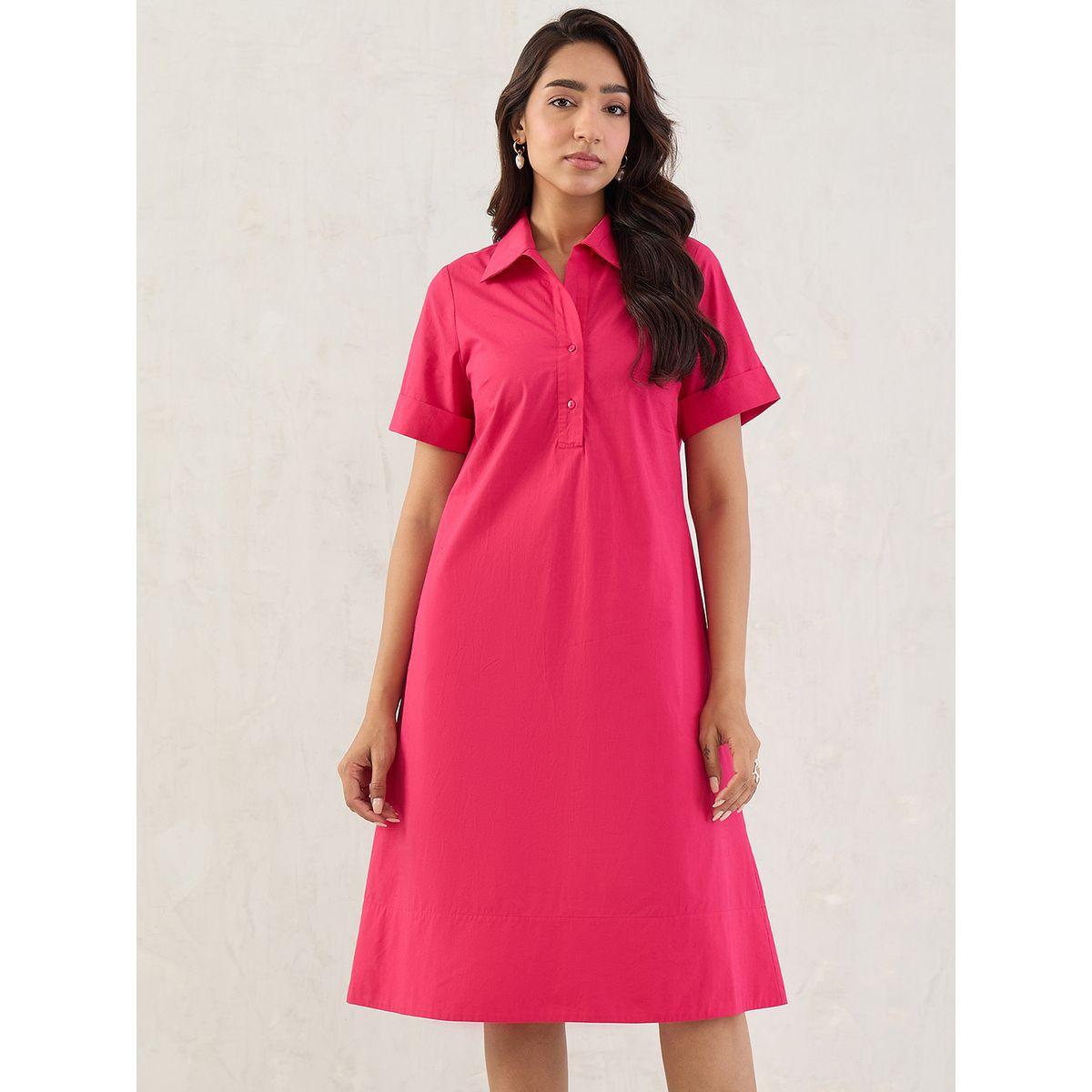 Femmella Pink Solid Poplin Collared A-Line Midi Dress-women-clothing-dresses-image-1