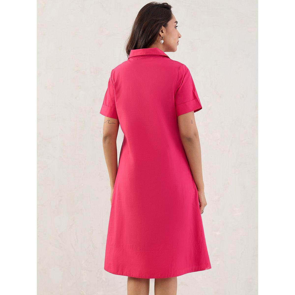 Femmella Pink Solid Poplin Collared A-Line Midi Dress-women-clothing-dresses-image-2