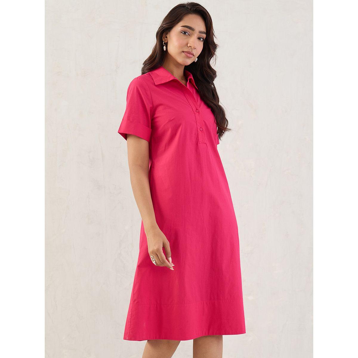 Femmella Pink Solid Poplin Collared A-Line Midi Dress-women-clothing-dresses-image-3