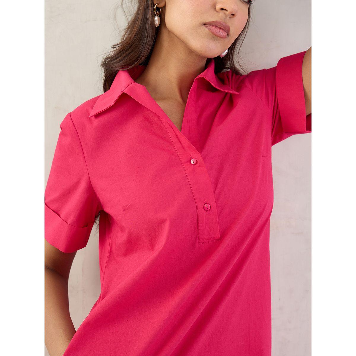 Femmella Pink Solid Poplin Collared A-Line Midi Dress-women-clothing-dresses-image-4