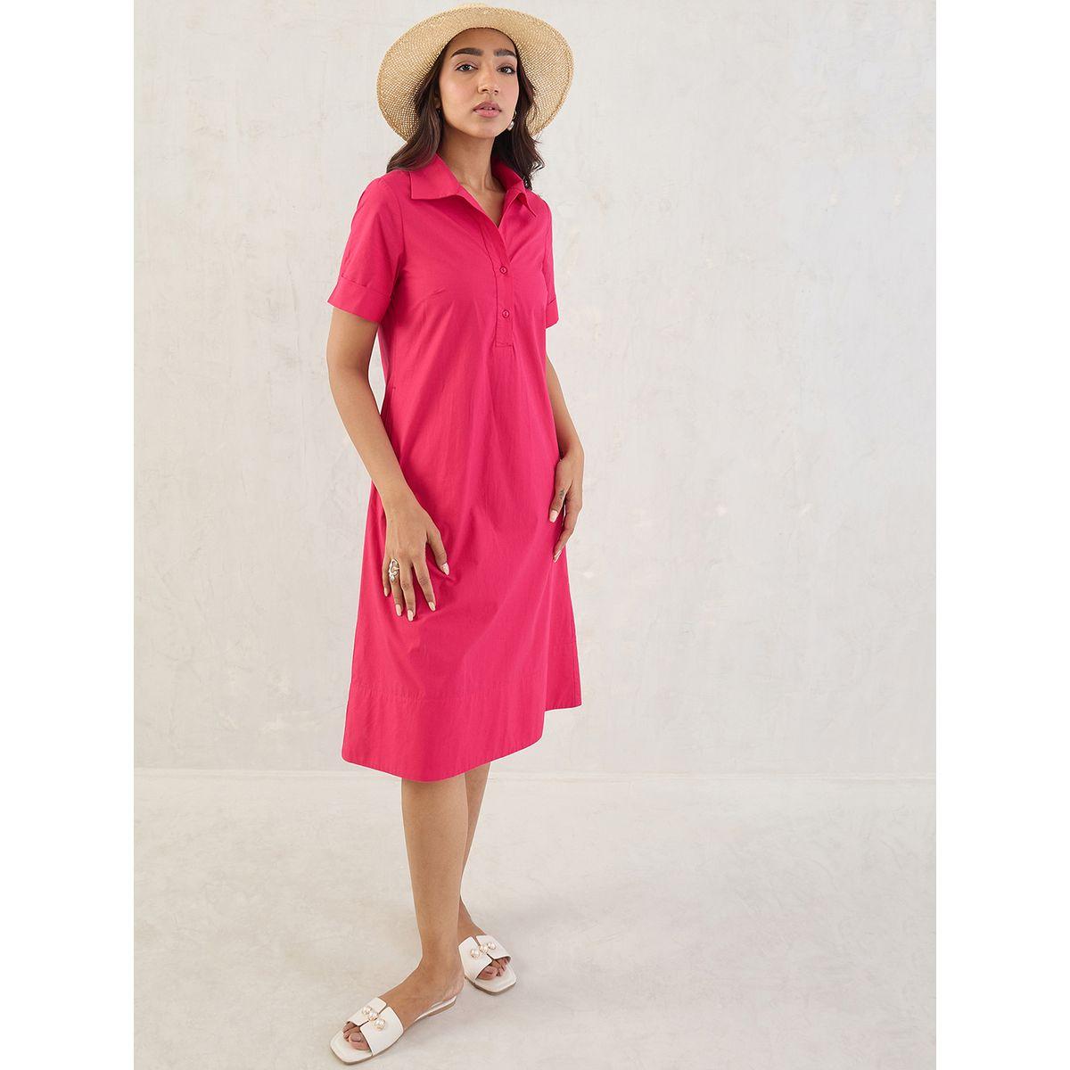 Femmella Pink Solid Poplin Collared A-Line Midi Dress-women-clothing-dresses-image-5