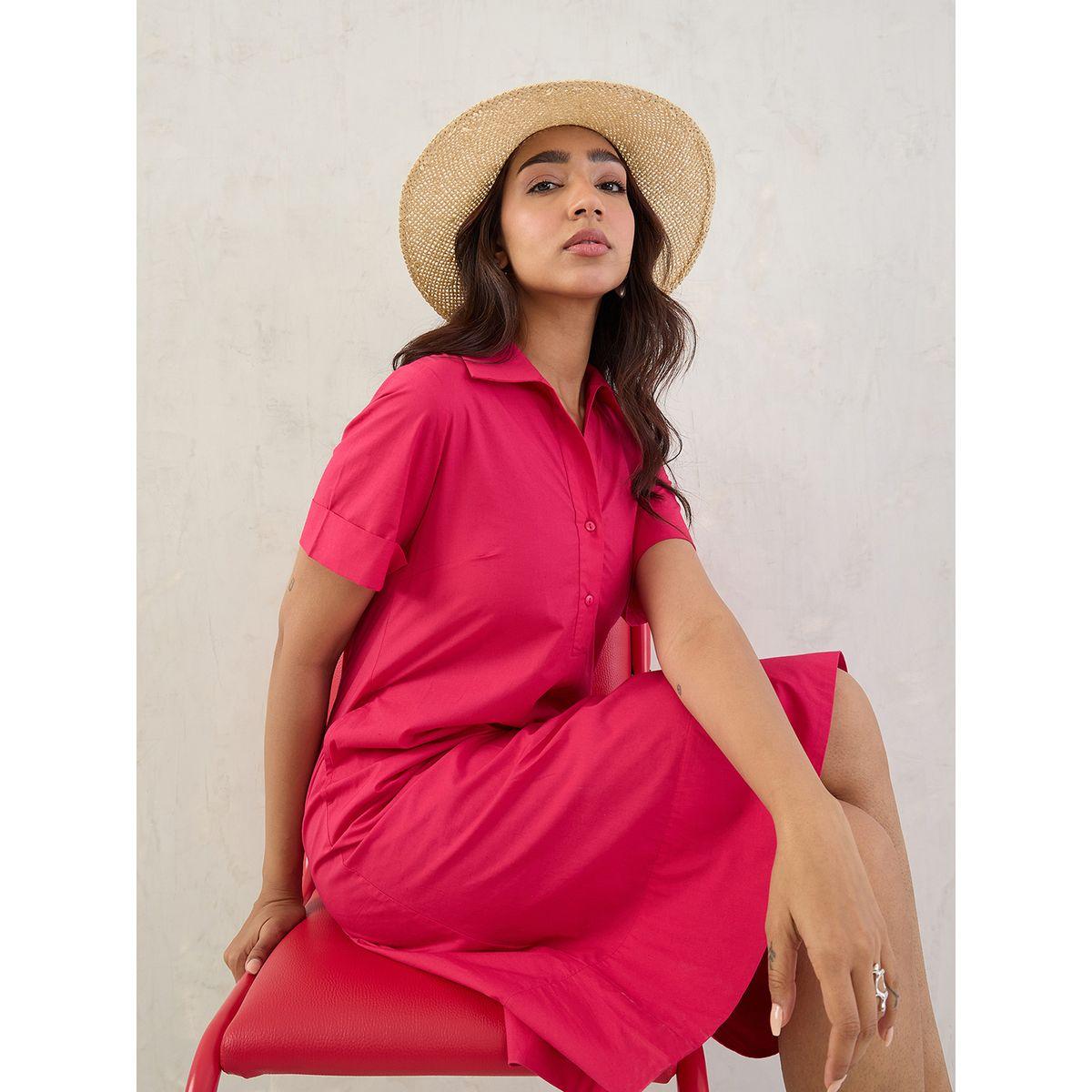 Femmella Pink Solid Poplin Collared A-Line Midi Dress-women-clothing-dresses-image-7