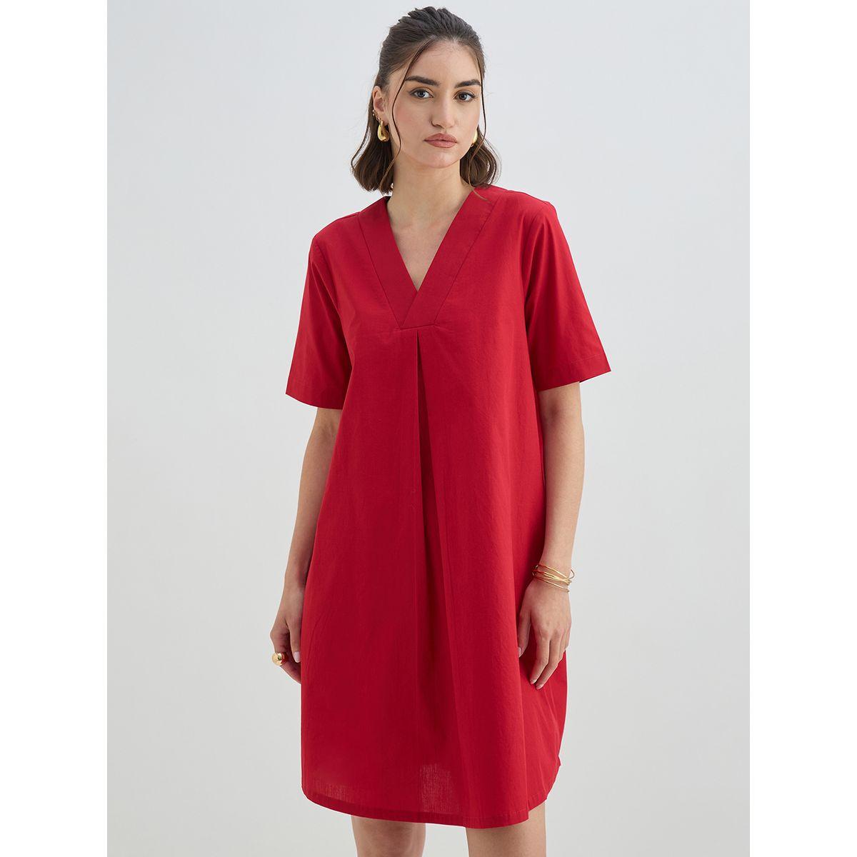 Femmella Red Solid Poplin Shift Knee Length Dress-women-clothing-dresses-image-1