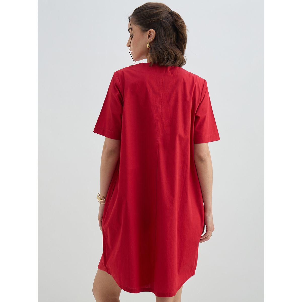 Femmella Red Solid Poplin Shift Knee Length Dress-women-clothing-dresses-image-2