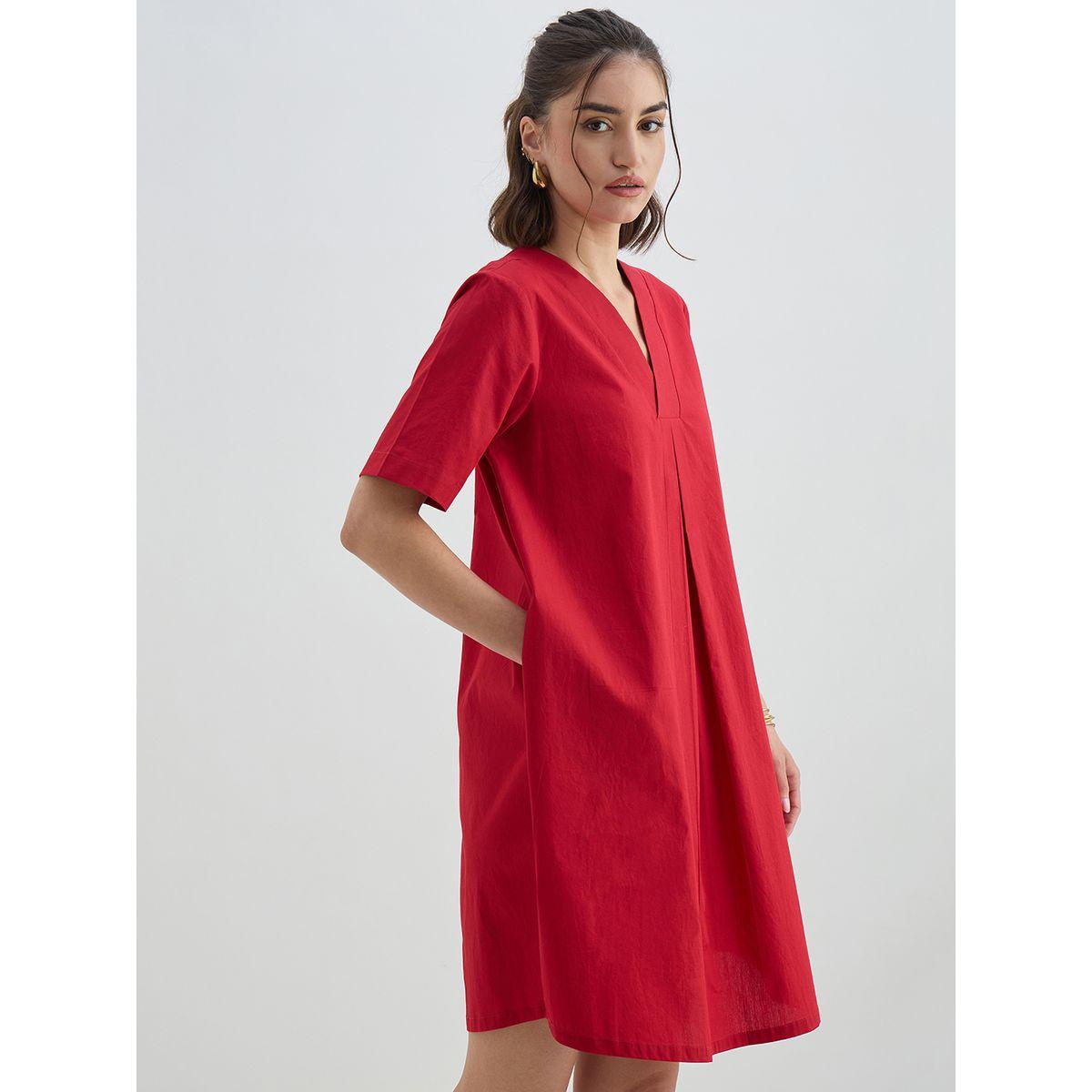 Femmella Red Solid Poplin Shift Knee Length Dress-women-clothing-dresses-image-3