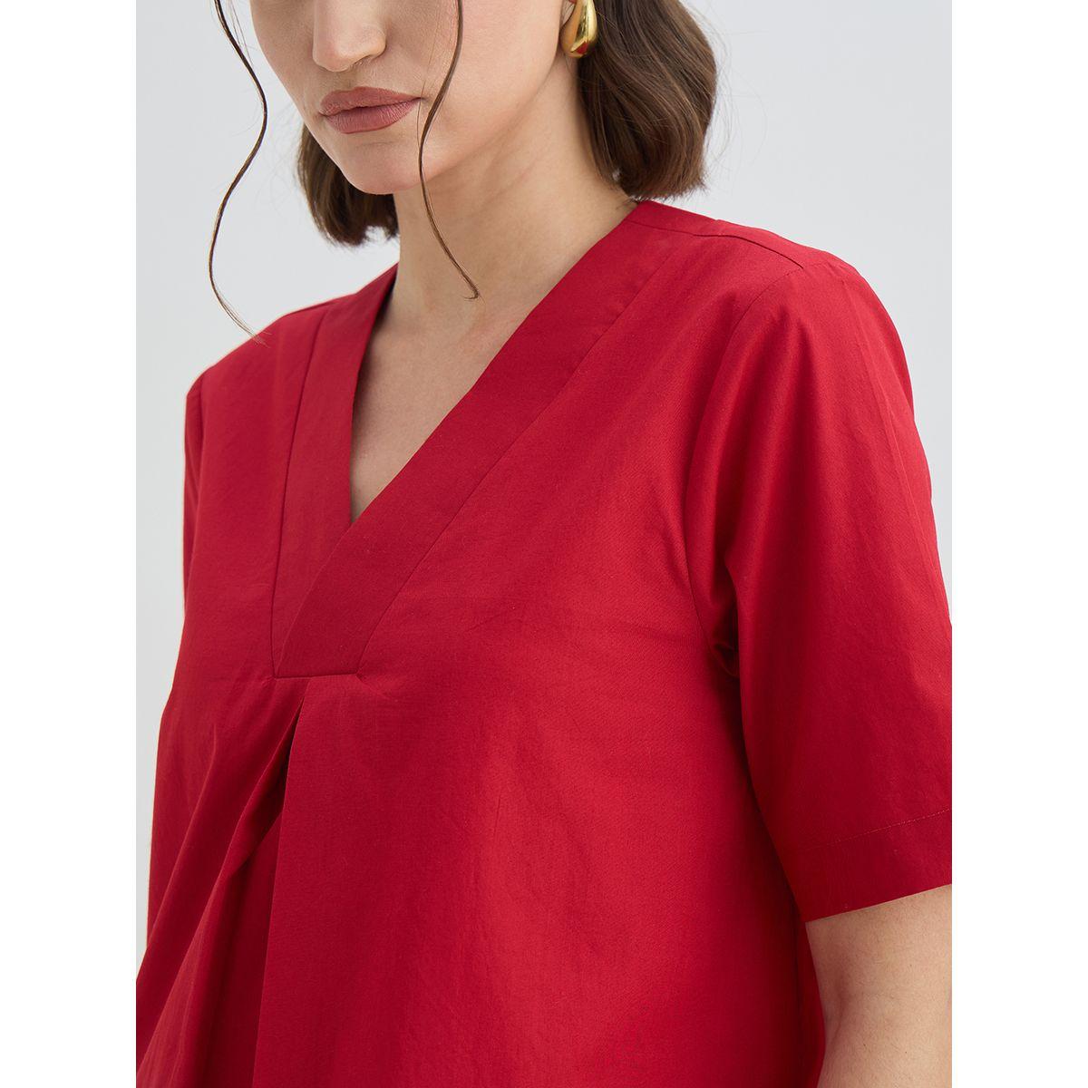 Femmella Red Solid Poplin Shift Knee Length Dress-women-clothing-dresses-image-4