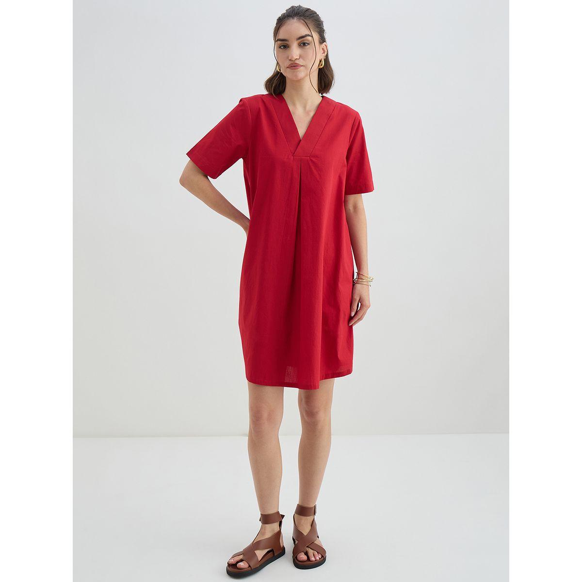 Femmella Red Solid Poplin Shift Knee Length Dress-women-clothing-dresses-image-6