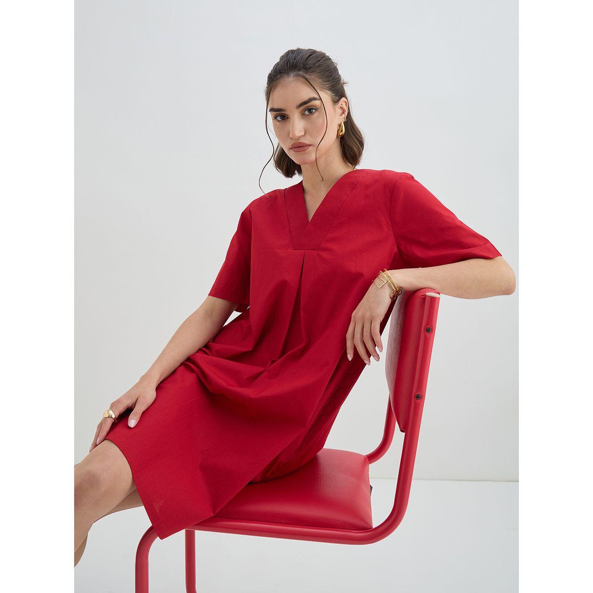 Femmella Red Solid Poplin Shift Knee Length Dress-women-clothing-dresses-image-7