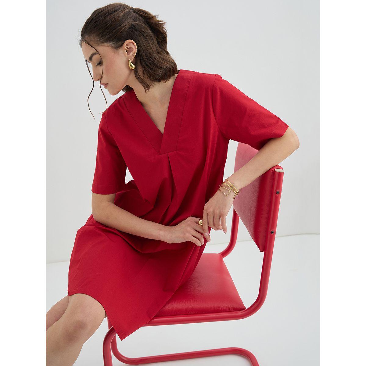 Femmella Red Solid Poplin Shift Knee Length Dress-women-clothing-dresses-image-8