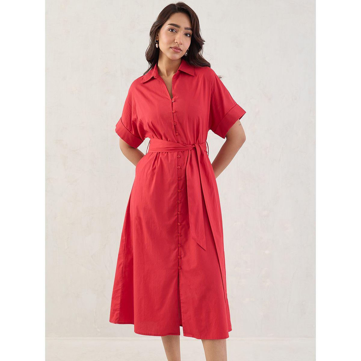 فستان ميدي سادة بتفاصيل حزام-women-clothing-dresses-image-1