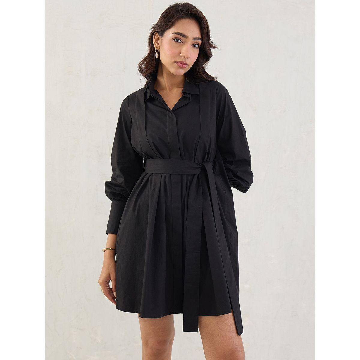 Femmella Black Solid Poplin Pleated Shirt Mini Dress with Belted Detail-women-clothing-dresses-image-1
