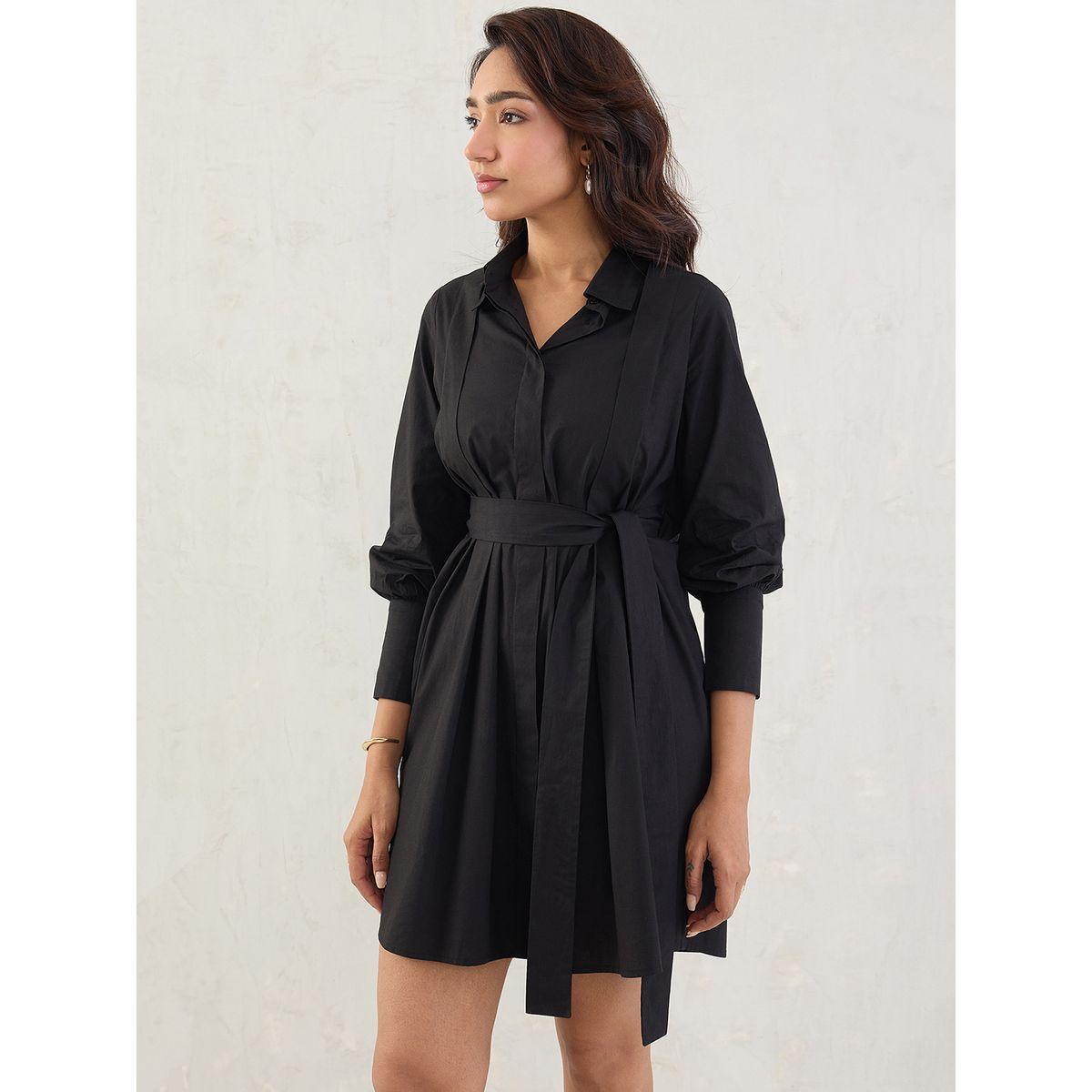 Femmella Black Solid Poplin Pleated Shirt Mini Dress with Belted Detail-women-clothing-dresses-image-2
