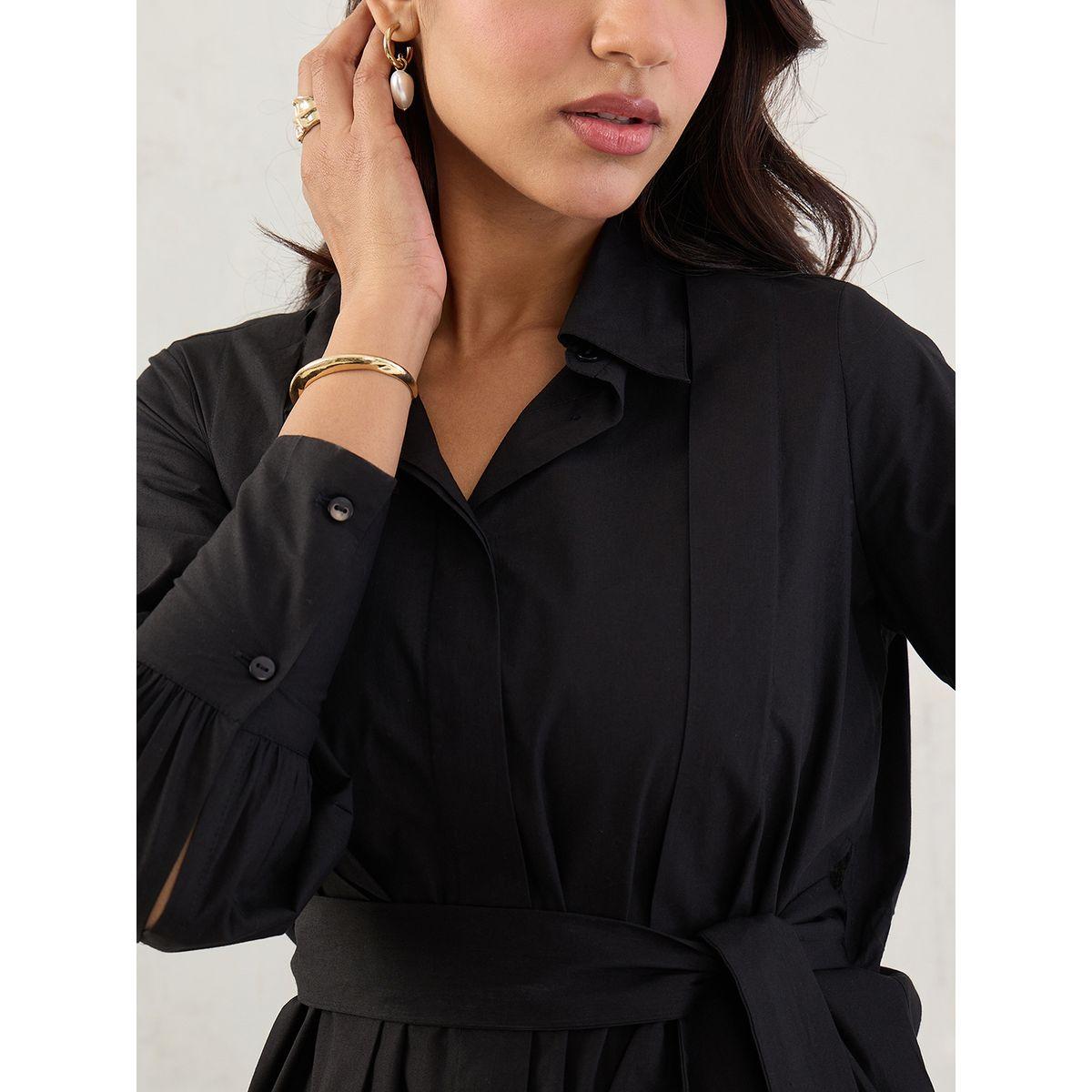 Femmella Black Solid Poplin Pleated Shirt Mini Dress with Belted Detail-women-clothing-dresses-image-3