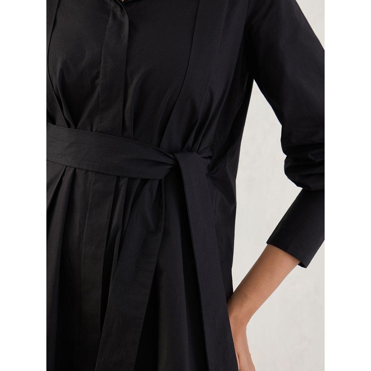 Femmella Black Solid Poplin Pleated Shirt Mini Dress with Belted Detail-women-clothing-dresses-image-4