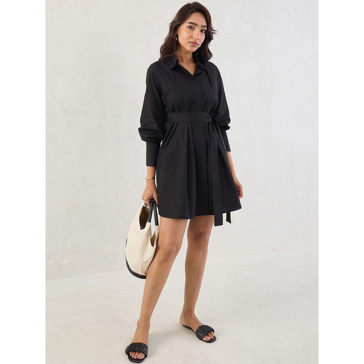 Femmella Black Solid Poplin Pleated Shirt Mini Dress with Belted Detail-women-clothing-dresses-image-5
