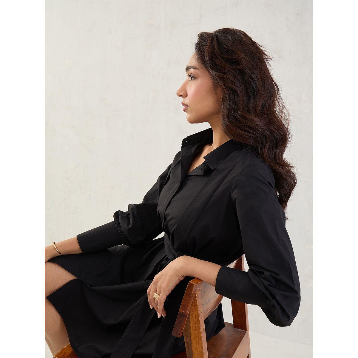 Femmella Black Solid Poplin Pleated Shirt Mini Dress with Belted Detail-women-clothing-dresses-image-6