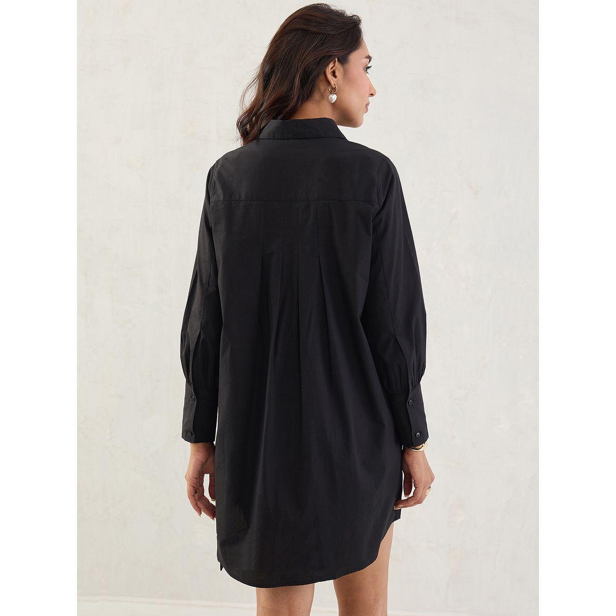 Femmella Black Solid Poplin Pleated Shirt Mini Dress with Belted Detail-women-clothing-dresses-image-7