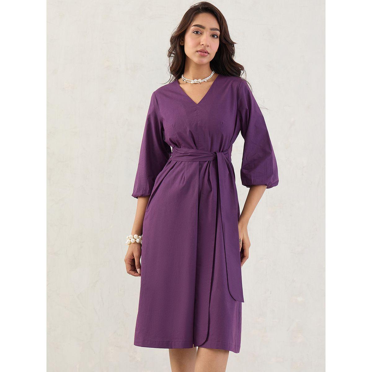 Femmella Purple Solid Poplin V Neck A-Line Midi Dress-women-clothing-dresses-image-1
