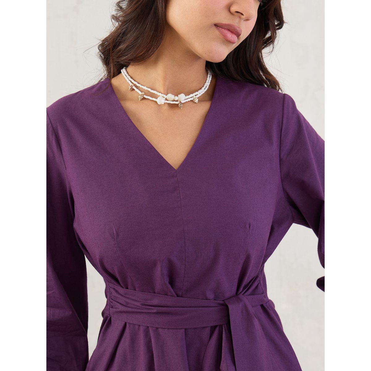 Femmella Purple Solid Poplin V Neck A-Line Midi Dress-women-clothing-dresses-image-4