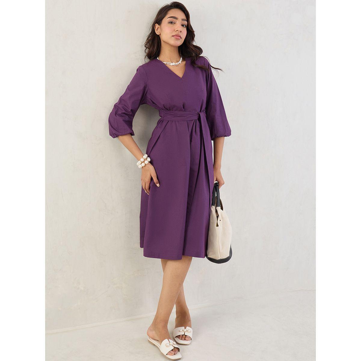Femmella Purple Solid Poplin V Neck A-Line Midi Dress-women-clothing-dresses-image-6