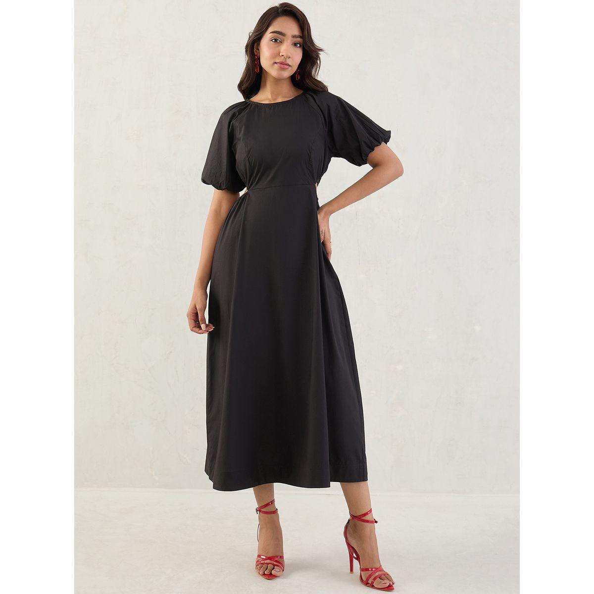 Femmella Black Solid Poplin Cut Out A-Line Maxi Dress-women-clothing-dresses-image-1