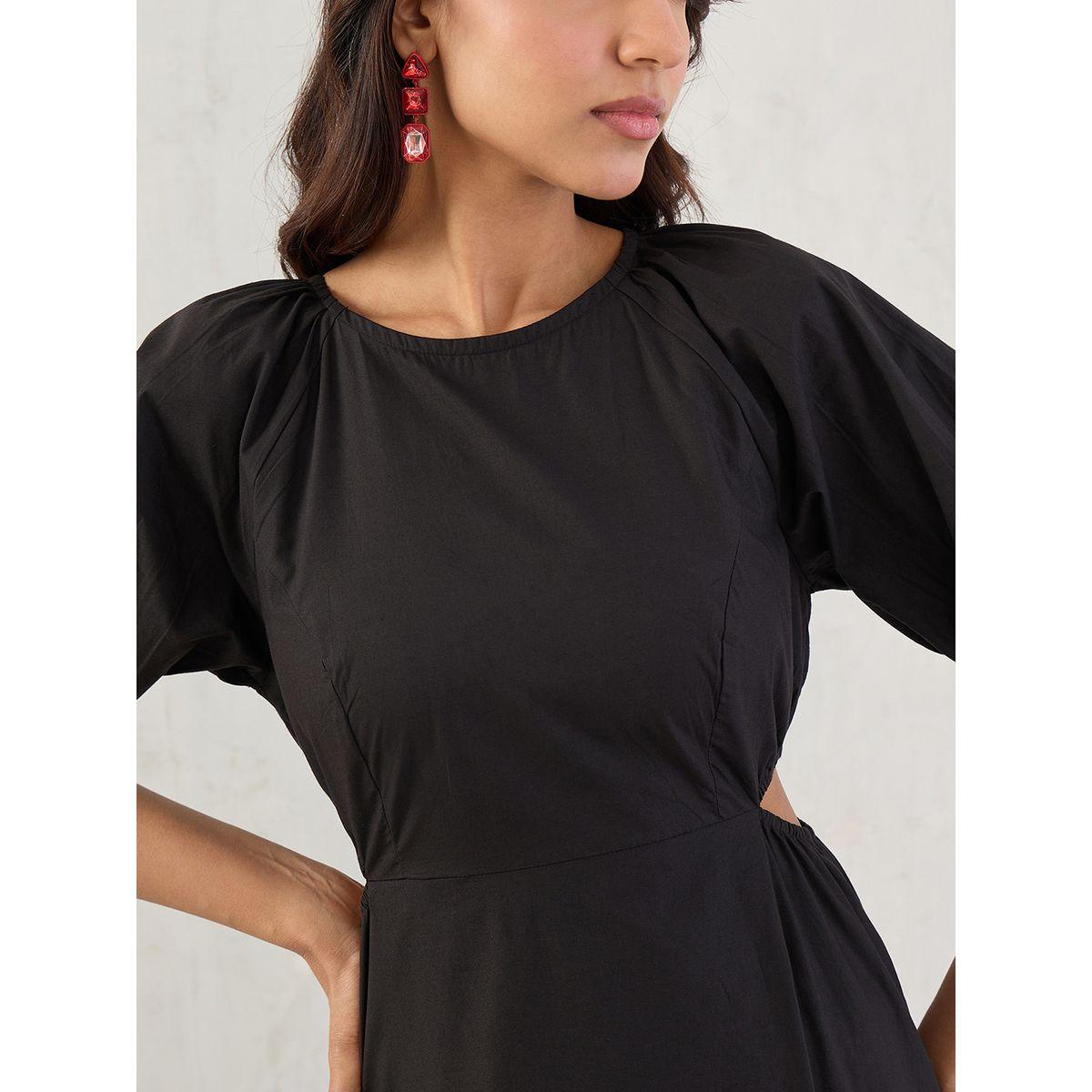 Femmella Black Solid Poplin Cut Out A-Line Maxi Dress-women-clothing-dresses-image-4