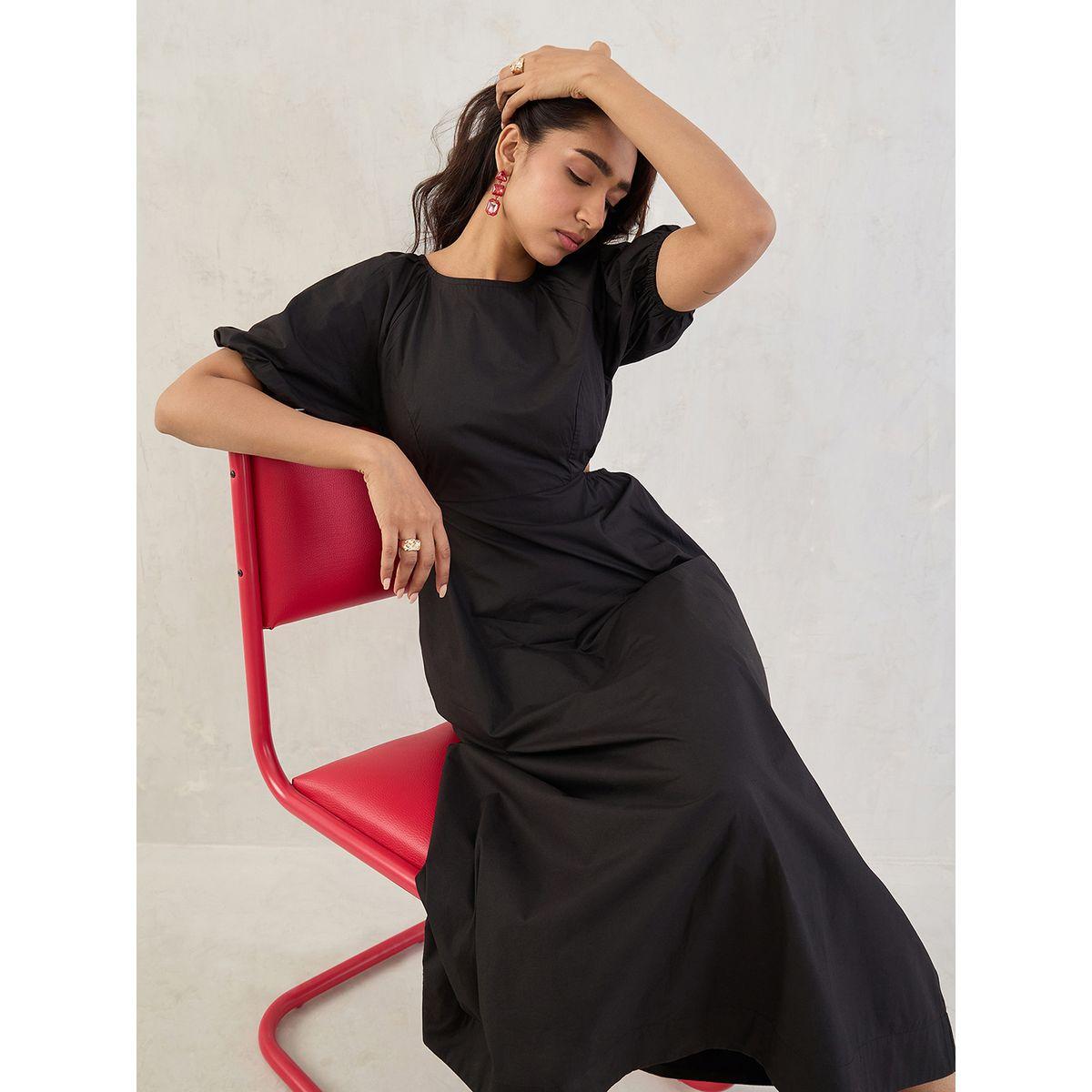 Femmella Black Solid Poplin Cut Out A-Line Maxi Dress-women-clothing-dresses-image-6
