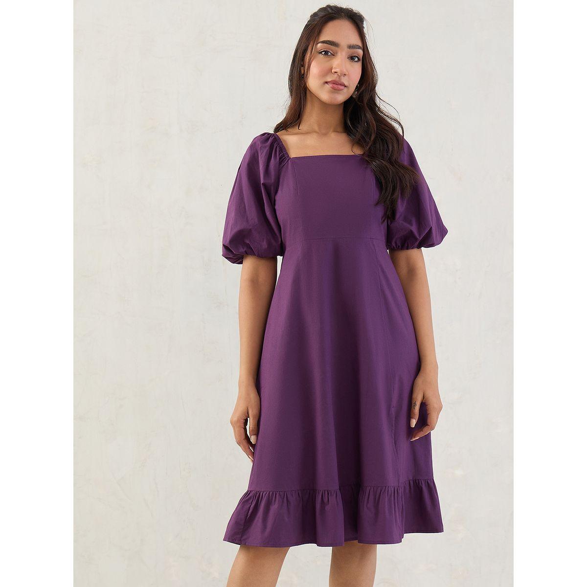 فستان ميدي بياقة مربعة مع تفاصيل مُجمعة-women-clothing-dresses-image-1